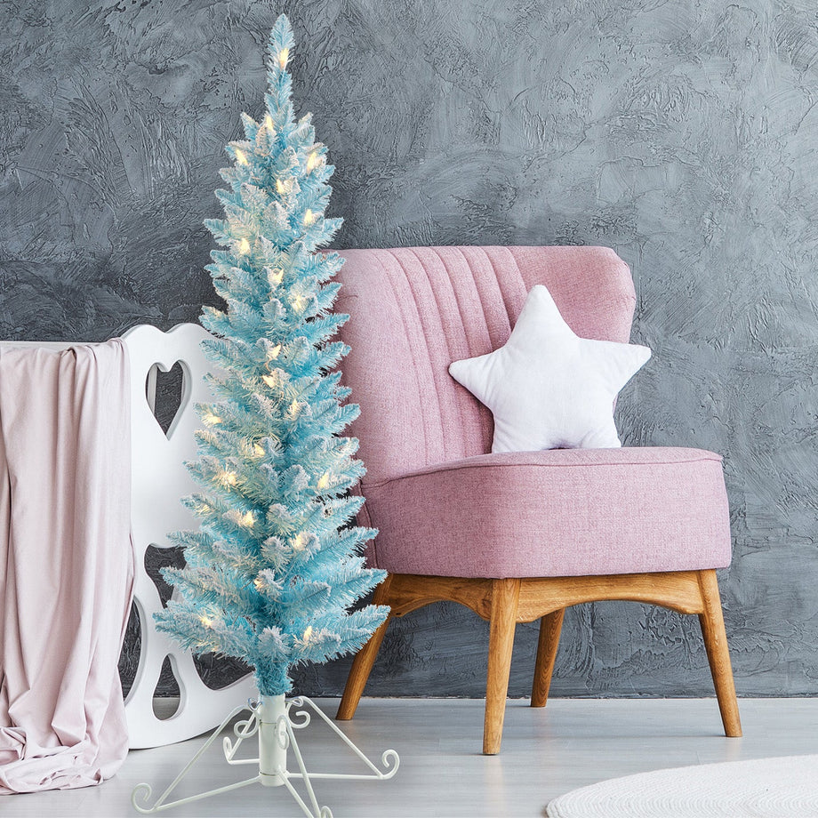 4 Foot Prelit Blue Cotton Candy Flocked Fir Christmas Tree – Haute