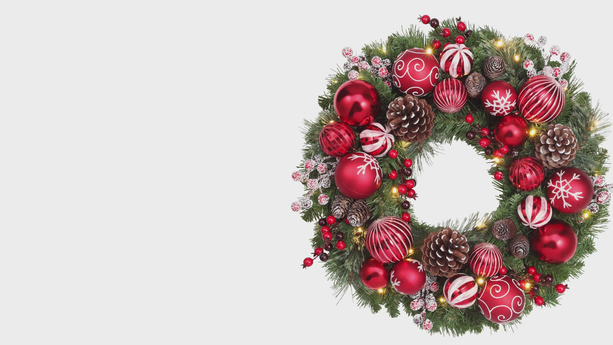 Haute Decor 26 Inch Holiday Times Wreath with Patterned Red and White Shatterproof Ornaments, Berries, and Real Pinecones