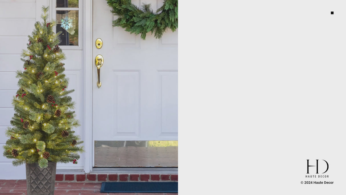 4.5 Foot Pre-Lit Evergreen Potted Porch Tree with 100 Warm White LED Lights, Red Berries, Real Pinecones