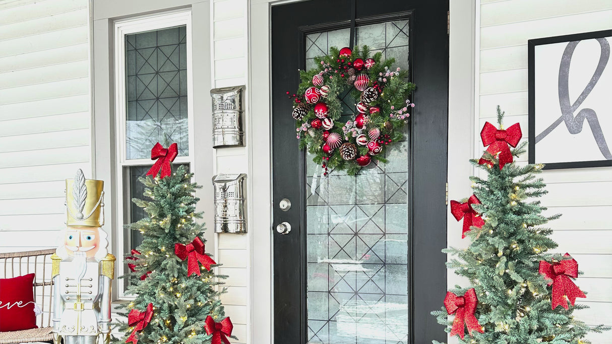 Haute Decor 26 Inch Holiday Times Wreath with Patterned Red and White Shatterproof Ornaments, Berries, and Real Pinecones