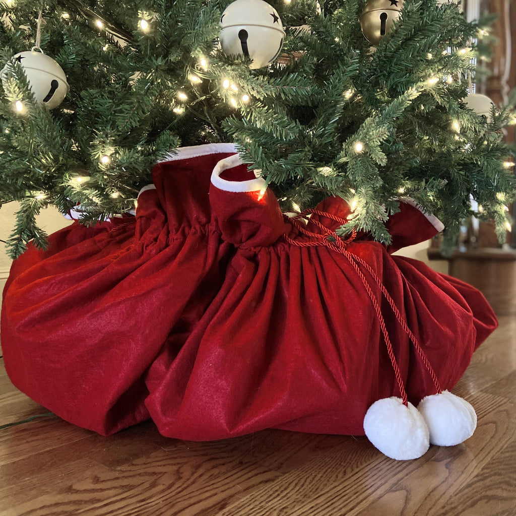 Santabag - 80 Inch Santa's Surprise™ Santa Bag Tree Skirt, Burgundy Velvet Fabric, Double-Sided