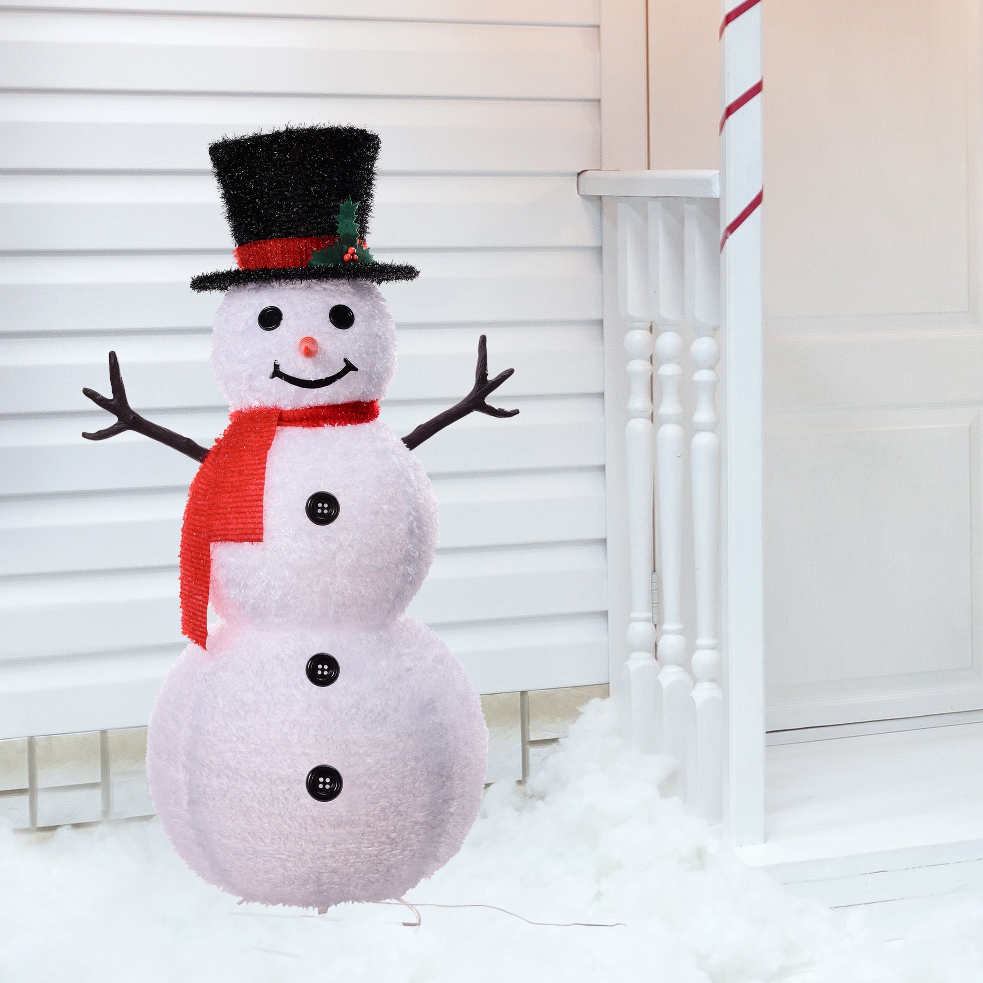 48 Inch Tall Collapsible Tinsel Fabric Snowman for Indoor or Outdoor Use