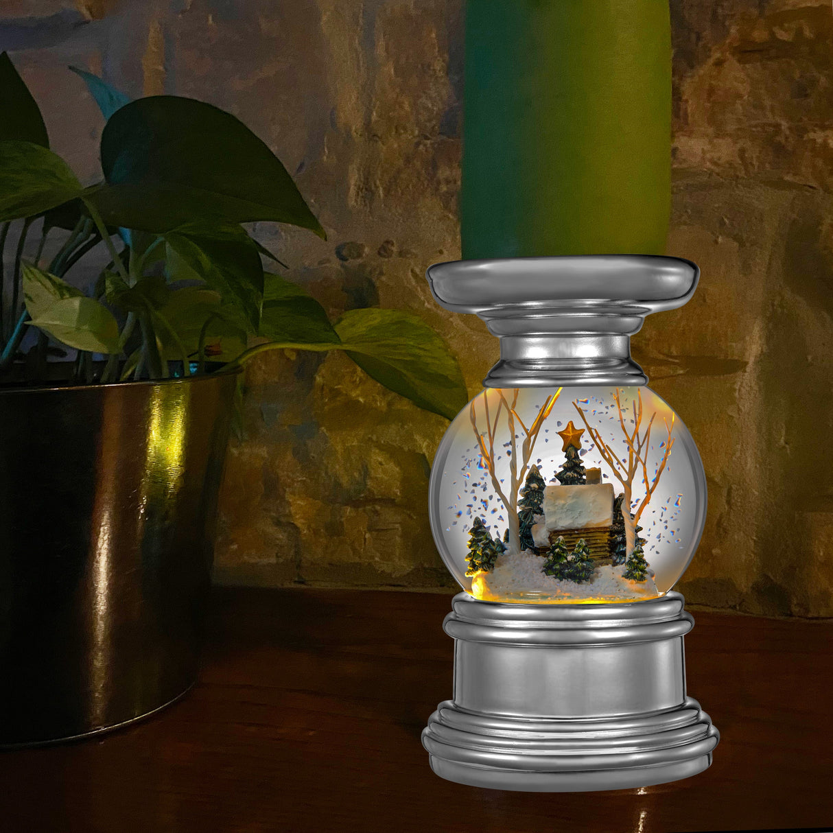 Snowglobe - Snowburst?äó Snow Globe Candle Holder - Log Cabin