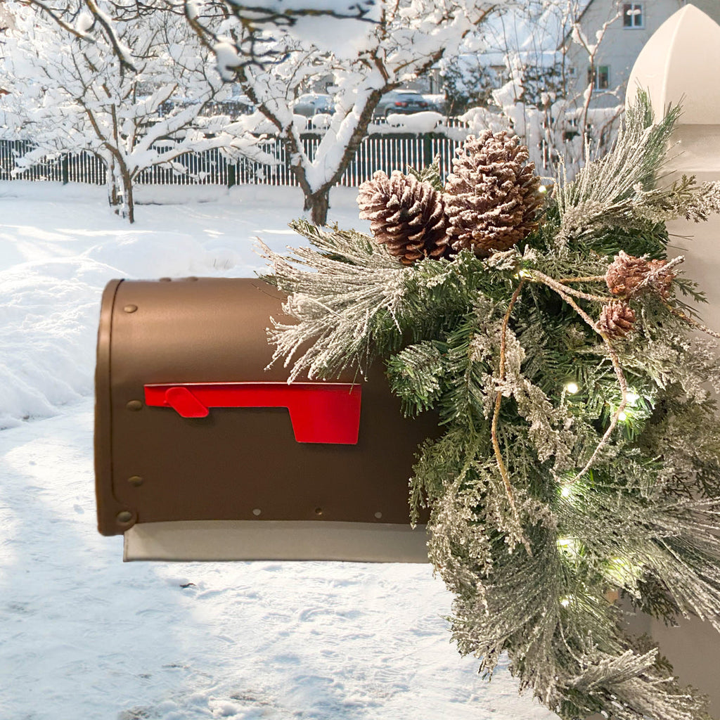 Swags - 36 Inch Snowfall Creek Mailbox Swag - Pre-lit With LED Lights
