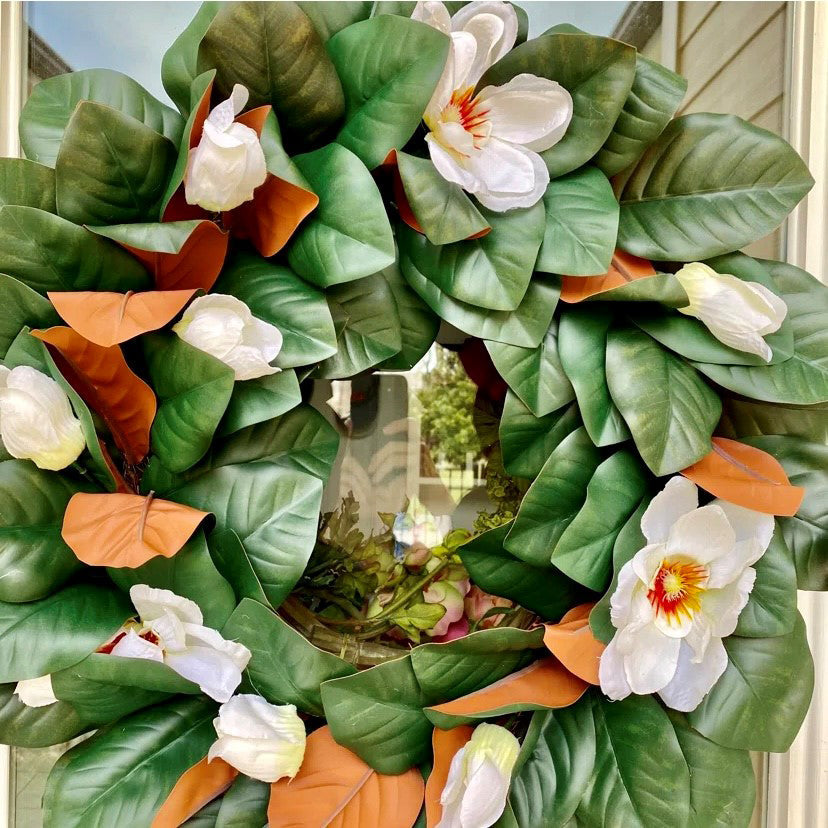 Wreath - 24 Inch Magnolia Wreath On Natural Grapevine Base