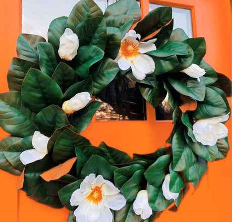 Wreath - 24 Inch Magnolia Wreath On Natural Grapevine Base