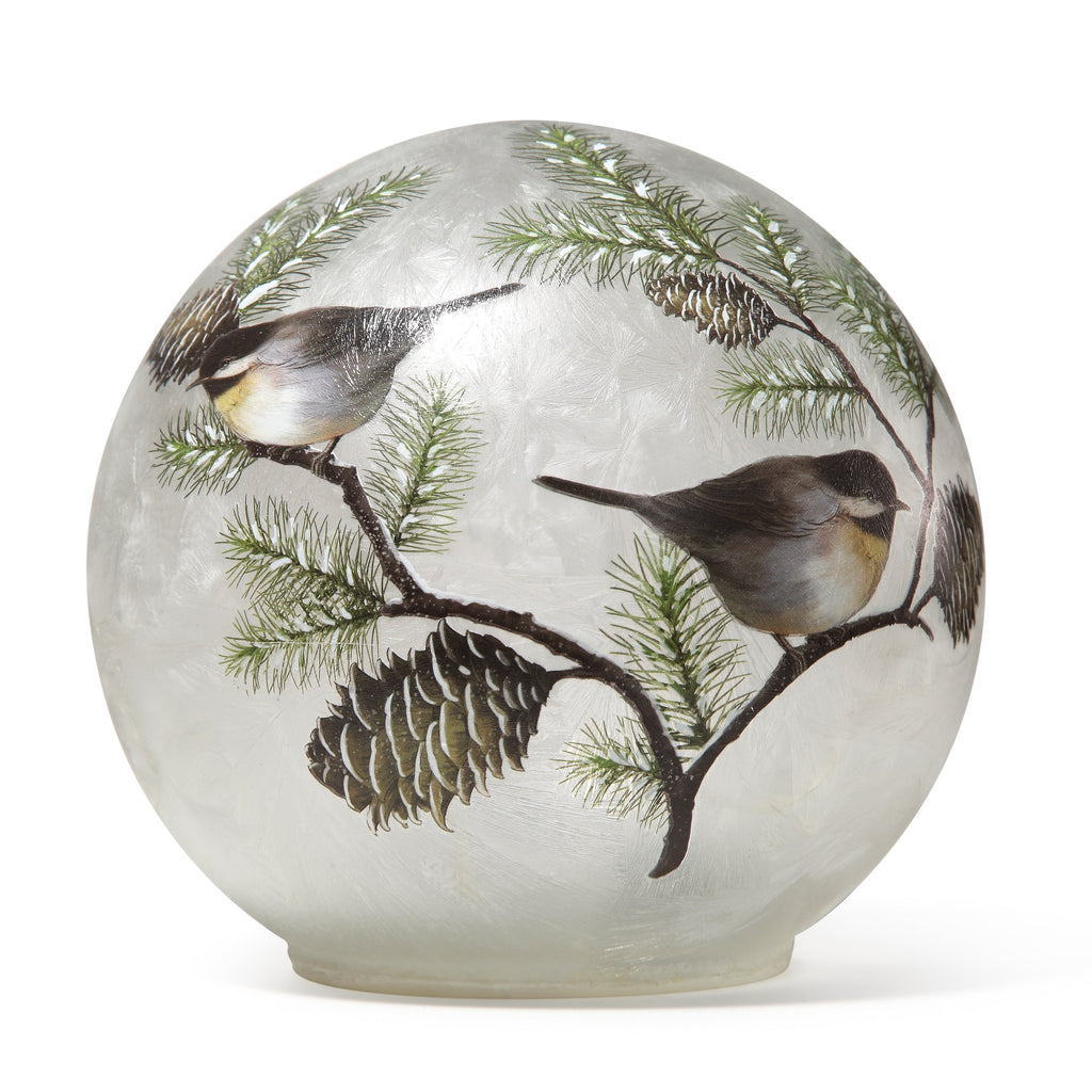 6 Inch Diameter Lighted Christmas Globe- Chickadees W/Pine Cones