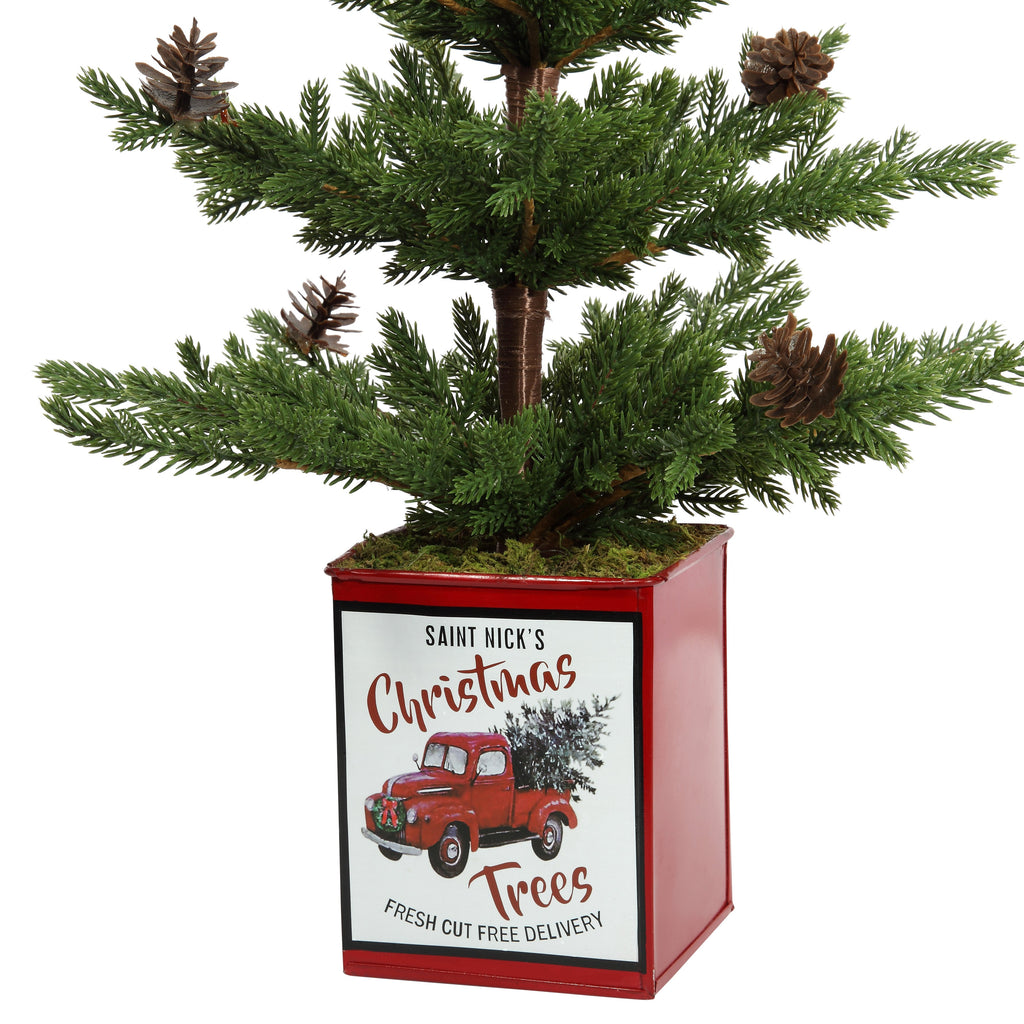 Christmas Tree - 24 Inch Potted Tree With Pinecones, Metal Pot With Classic Red Truck