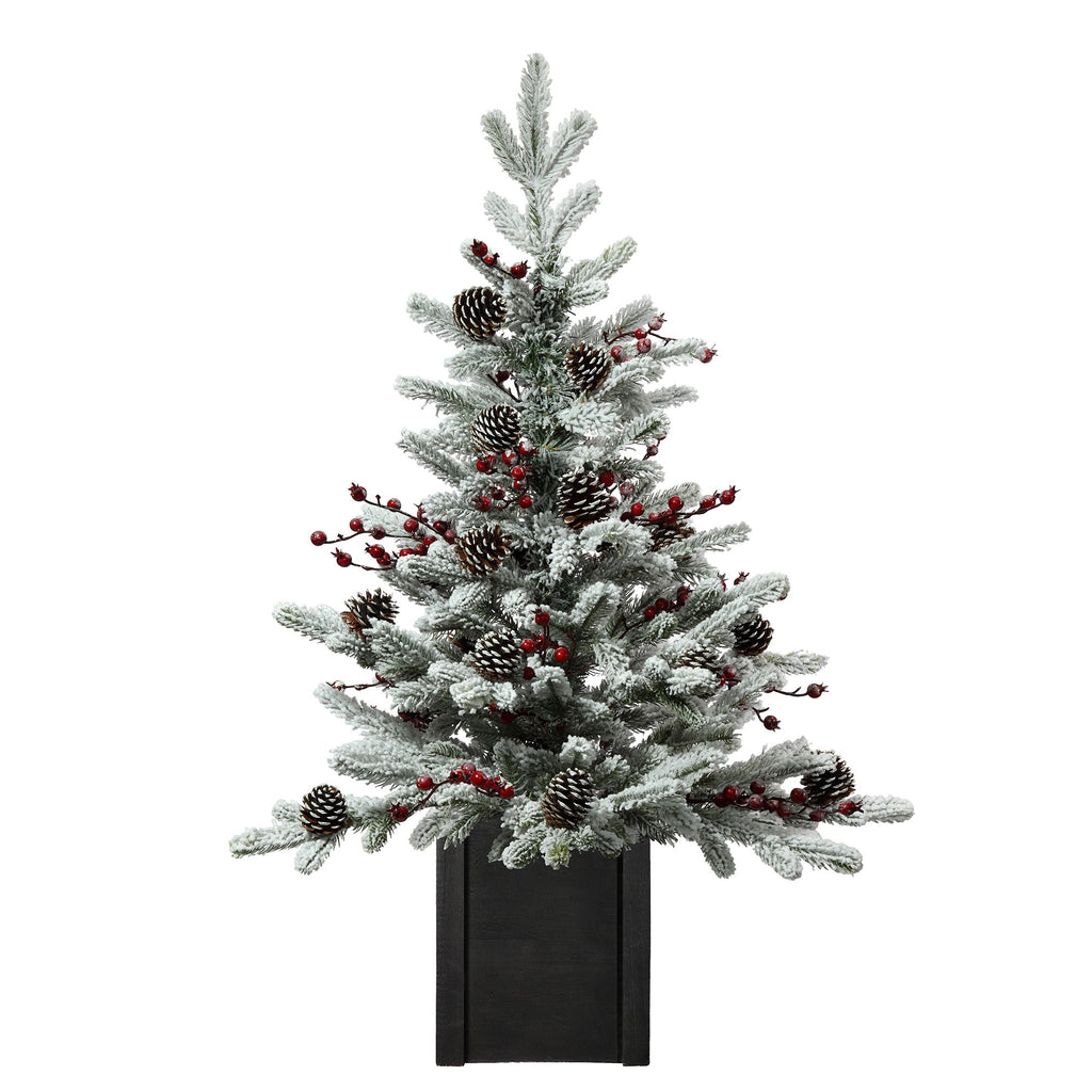 Christmas Tree - 36 Inch Unlit Flocked Stockhorn Potted Fir Tree With Berries And Pinecones In Black Wooden Pot