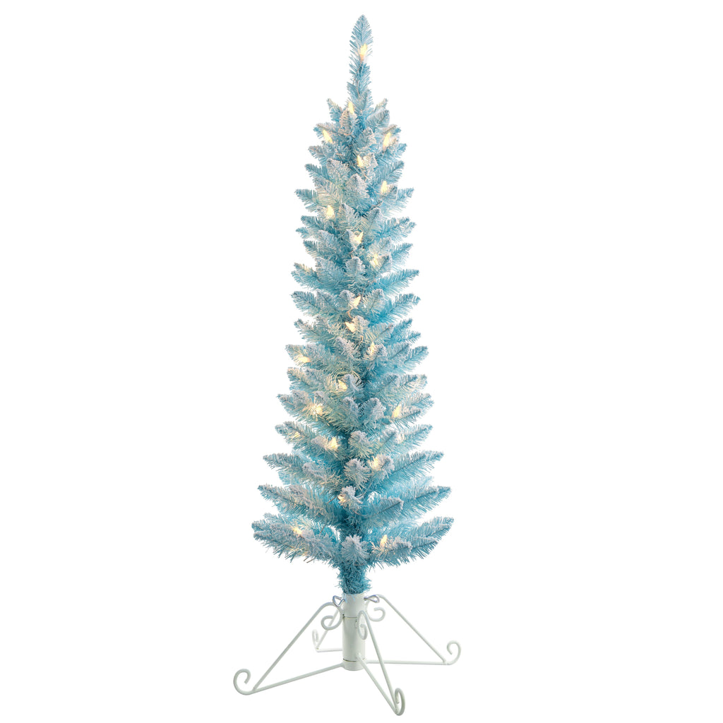Christmas Tree - 4 Foot Prelit Blue Cotton Candy Flocked Fir Christmas Tree
