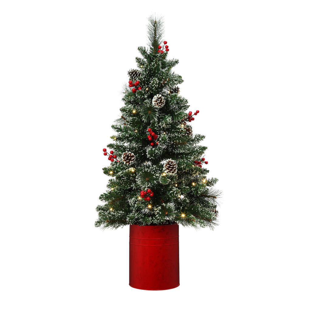 Christmas Tree - 4 Foot Prelit Indoor/Outdoor Shimmering Frosted Pine Potted Tree With Timer