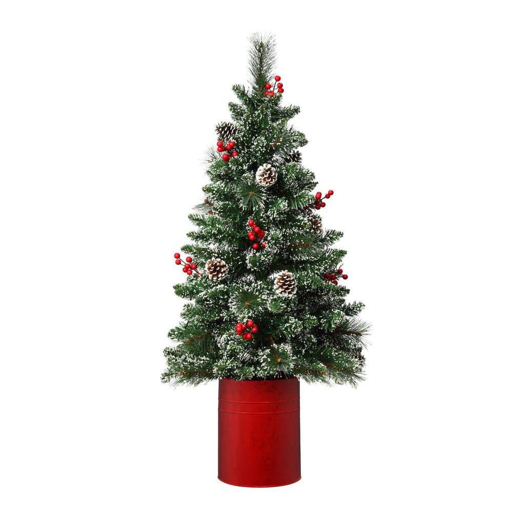 Christmas Tree - 4 Foot Prelit Indoor/Outdoor Shimmering Frosted Pine Potted Tree With Timer