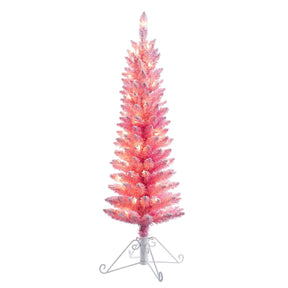 Christmas Tree - 4 Foot Prelit Pink Cotton Candy Flocked Fir Christmas Tree