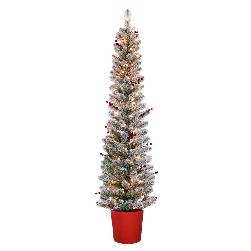 Christmas Tree - 5 Foot Pre-lit Flocked Berry Pencil Potted Artificial Christmas Tree