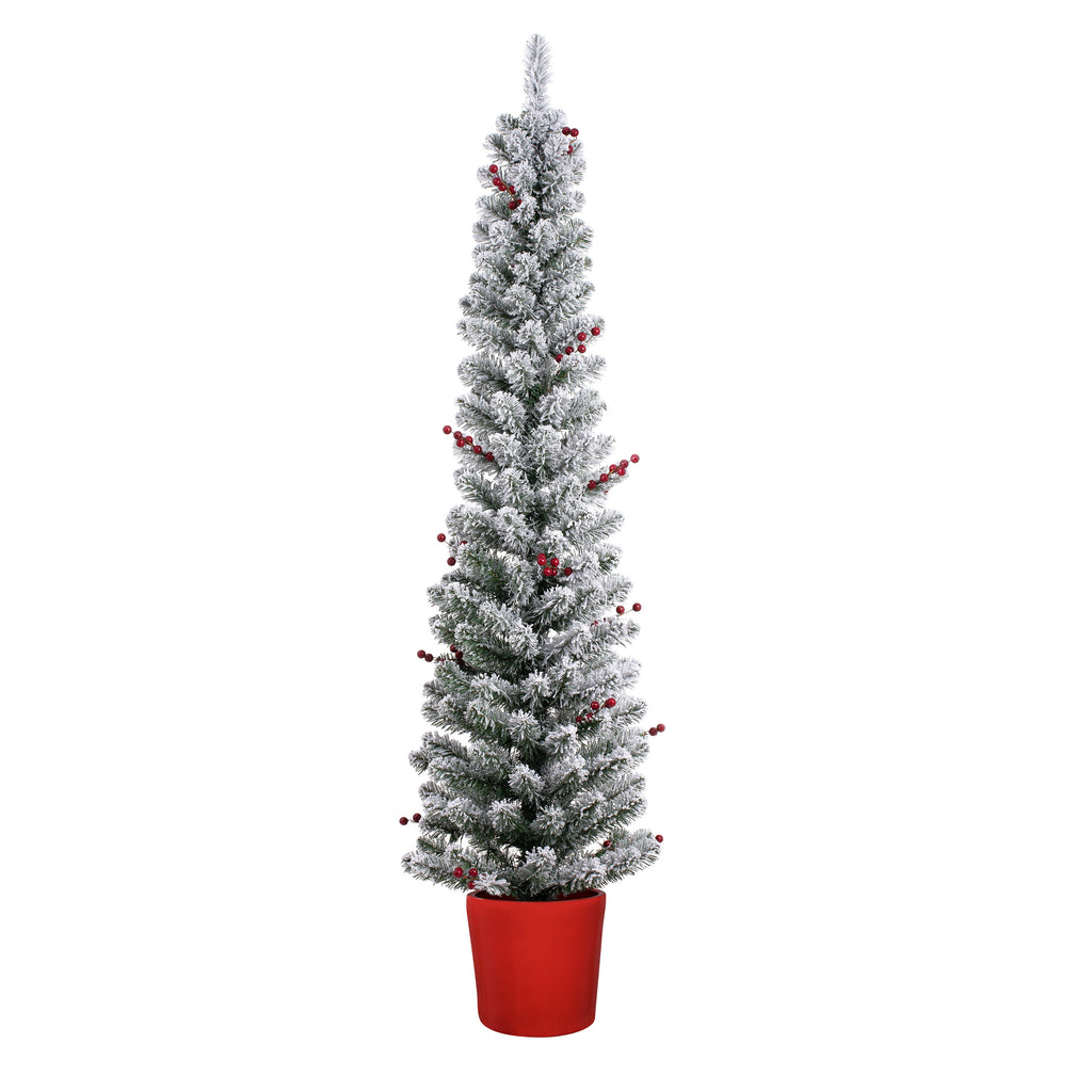 Christmas Tree - 5 Foot Pre-lit Flocked Berry Pencil Potted Artificial Christmas Tree