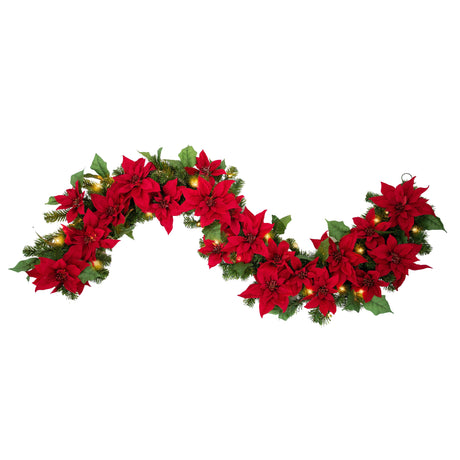 Garland - 6 Foot Poinsettia Pre-lit Christmas Garland