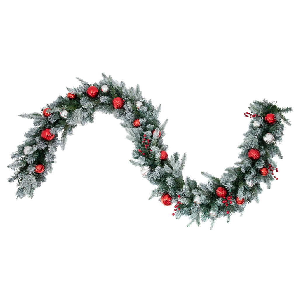 Garland - 9 Foot Frosted Pre-lit Christmas Garland - Red And Silver Shatterproof Ornaments