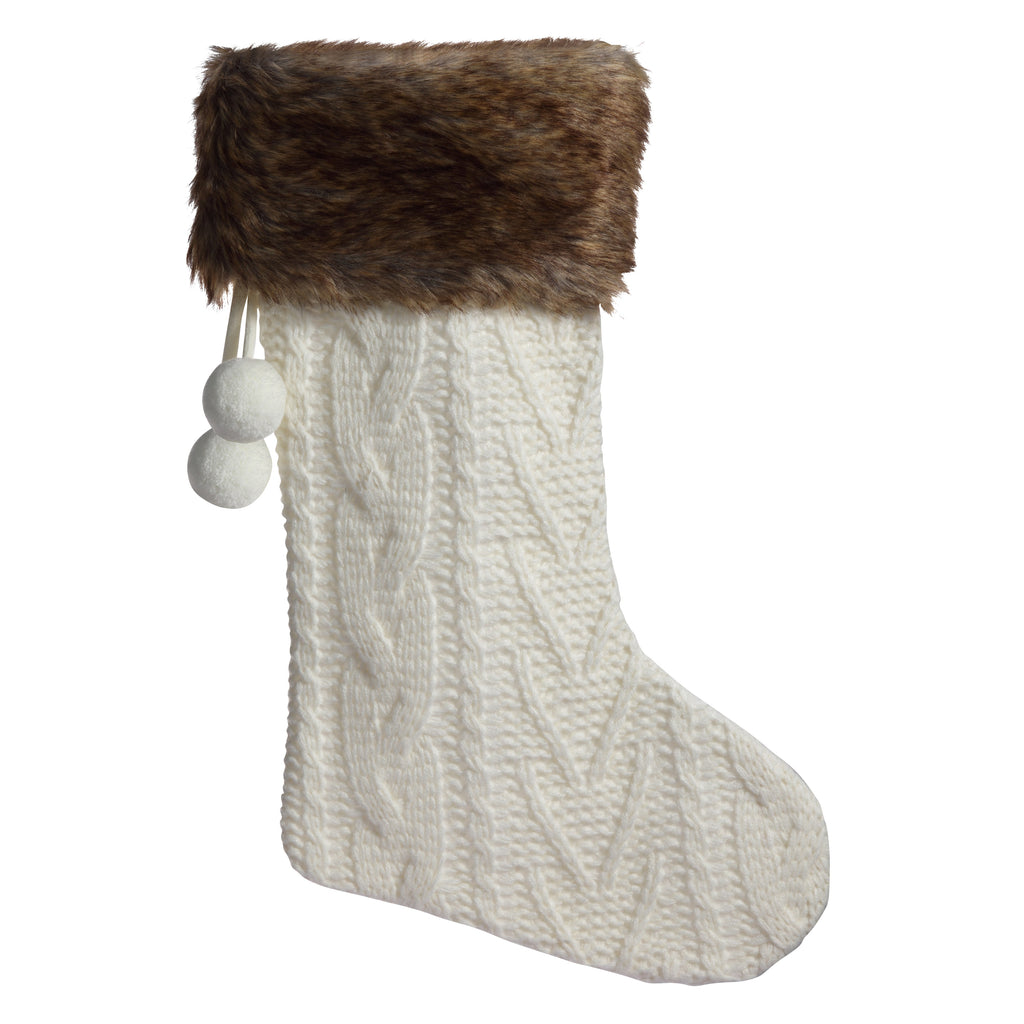 Holiday Stockings - Off-White Knit HangRight® Stocking With Brown Fur Cuff And Pom Poms, 20 Inches