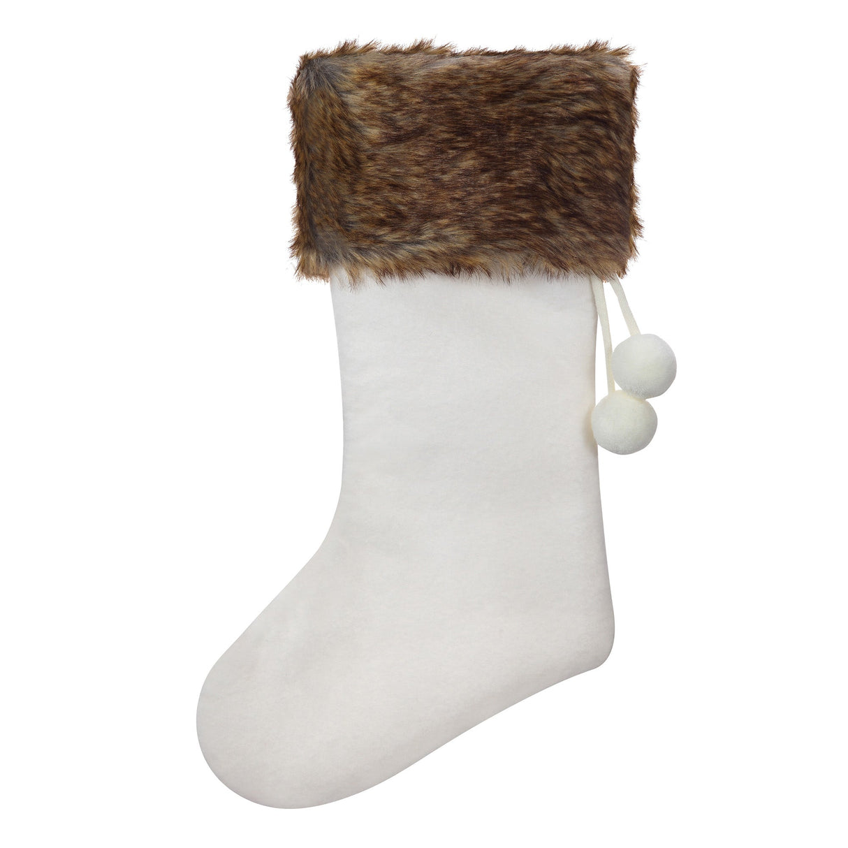 Holiday Stockings - Off-White Knit HangRight?« Stocking With Brown Fur Cuff And Pom Poms, 20 Inches