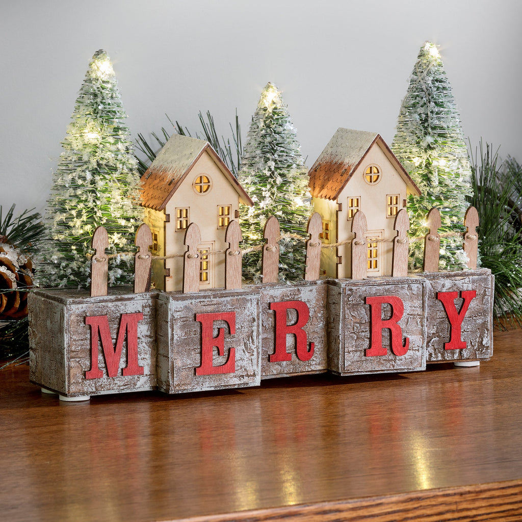 MERRY Wood Blocks - Christmas MERRY LED Pre-Lit Tabletop Decorative Wood Blocks