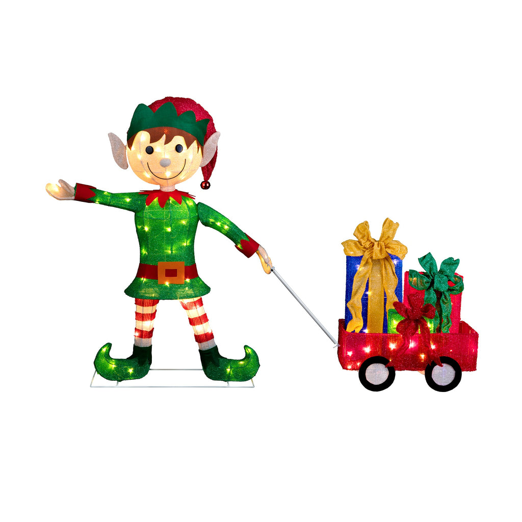 Outdoor Decor - 42 Inch Elf Pulling Wagon Outdoor Lighted Christmas Yard Decor