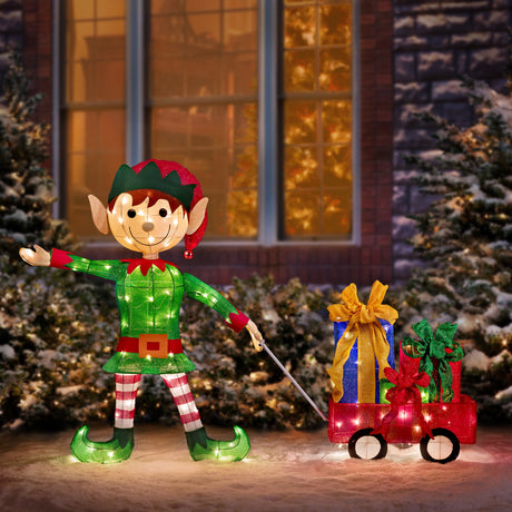 Outdoor Decor - 42 Inch Elf Pulling Wagon Outdoor Lighted Christmas Yard Decor