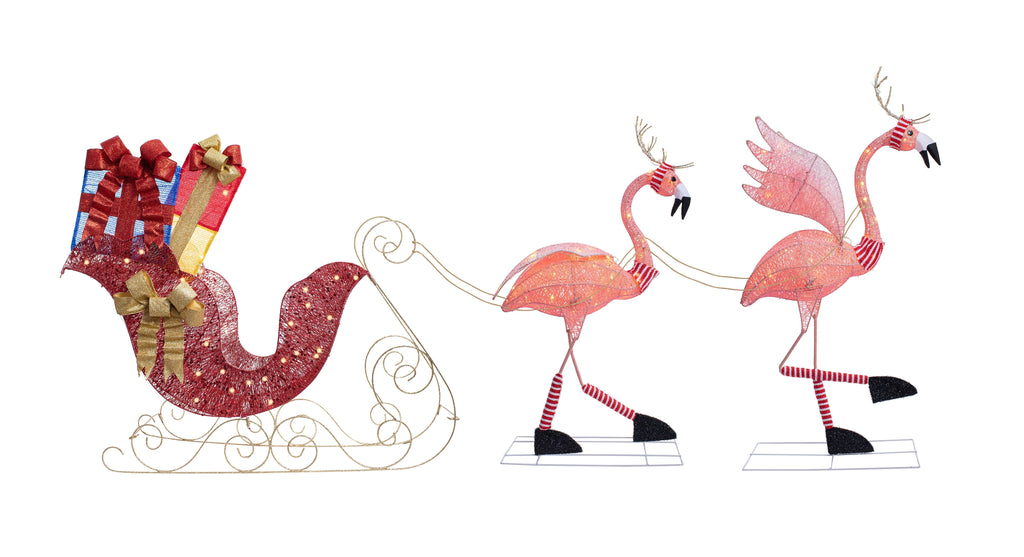 Outdoor Decor - Lighted Christmas Outdoor Flamingo Reindeer With Sleigh Yard Decor