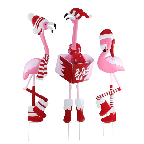 Outdoor Decor - Metal Caroling Flamingos Trio Yard Decor