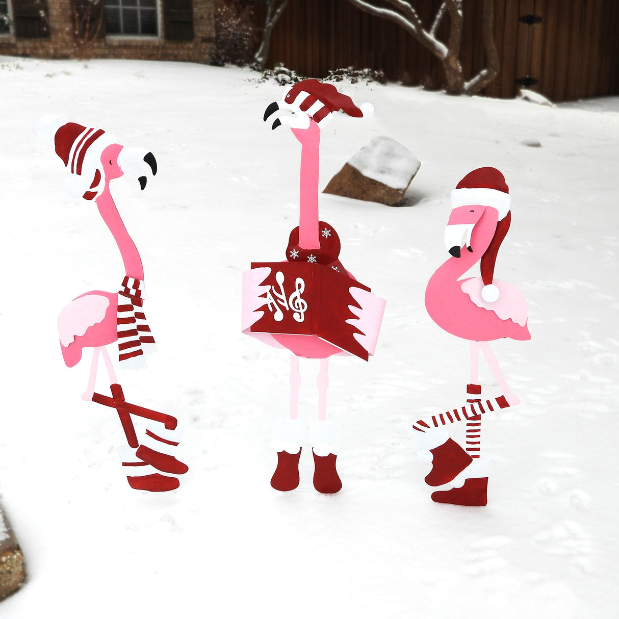 Outdoor Decor - Metal Caroling Flamingos Trio Yard Decor