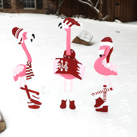 Outdoor Decor - Metal Caroling Flamingos Trio Yard Decor