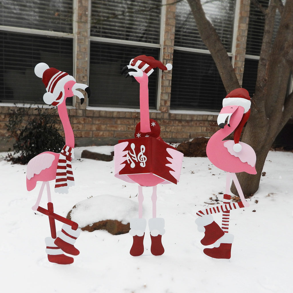 Outdoor Decor - Metal Caroling Flamingos Trio Yard Decor