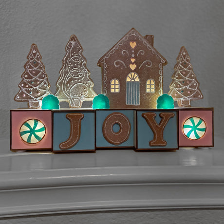 Seasonal & Holiday Decorations - JOY Blocks With Gingerbread House And Trees, LED Lights, 15 Inches Long
