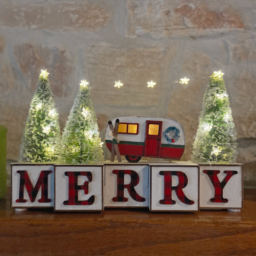 Seasonal & Holiday Decorations - MERRY Blocks With Camper And Trees, LED Lighted, 15 Inches Long