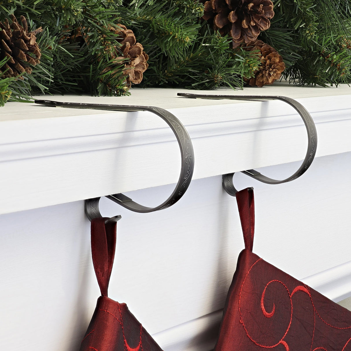 Stocking Holder - The Original MantleClip® Stocking Holder - Embossed Holly - Pewter