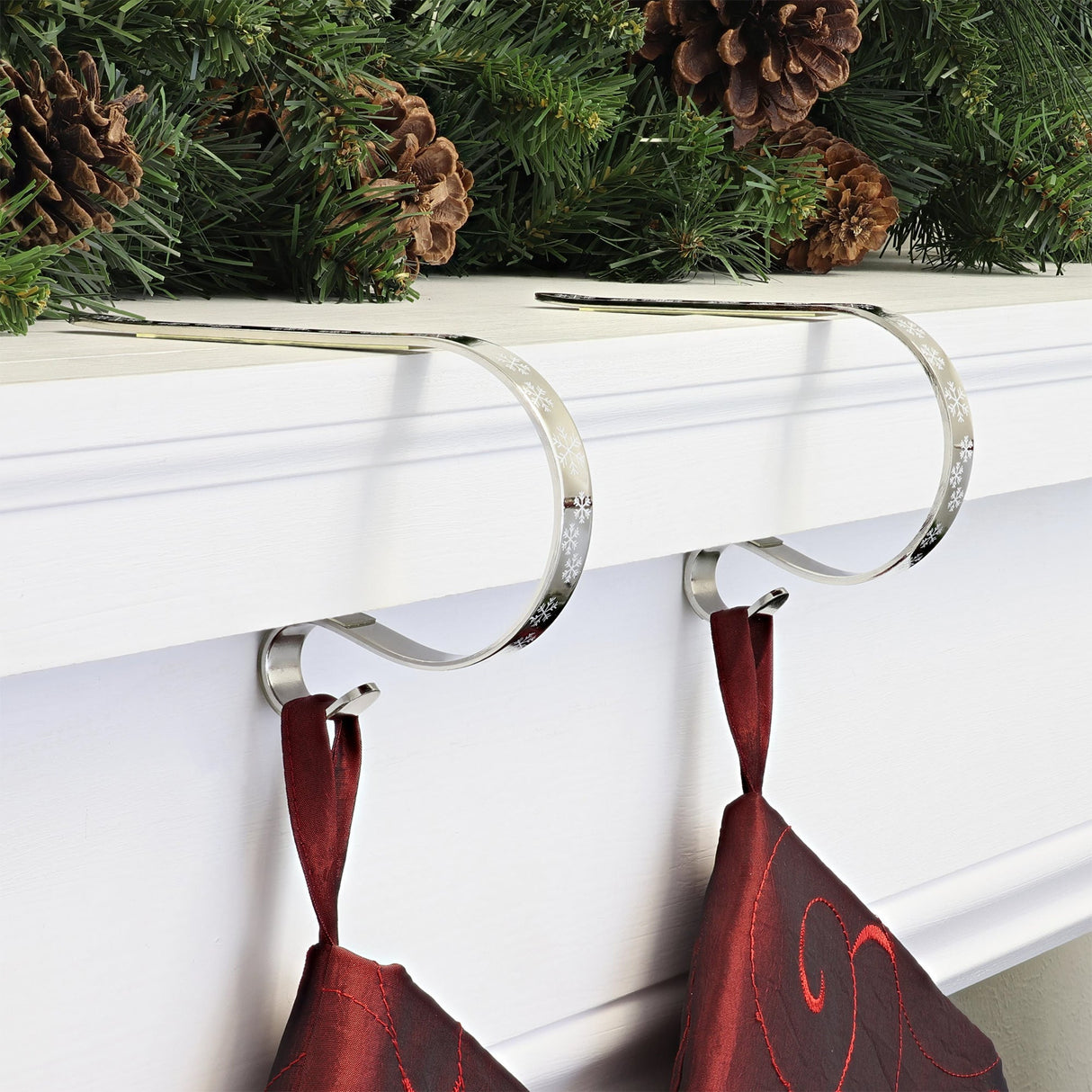 Stocking Holder - The Original MantleClip® Stocking Holder - White Snowflake - Silver