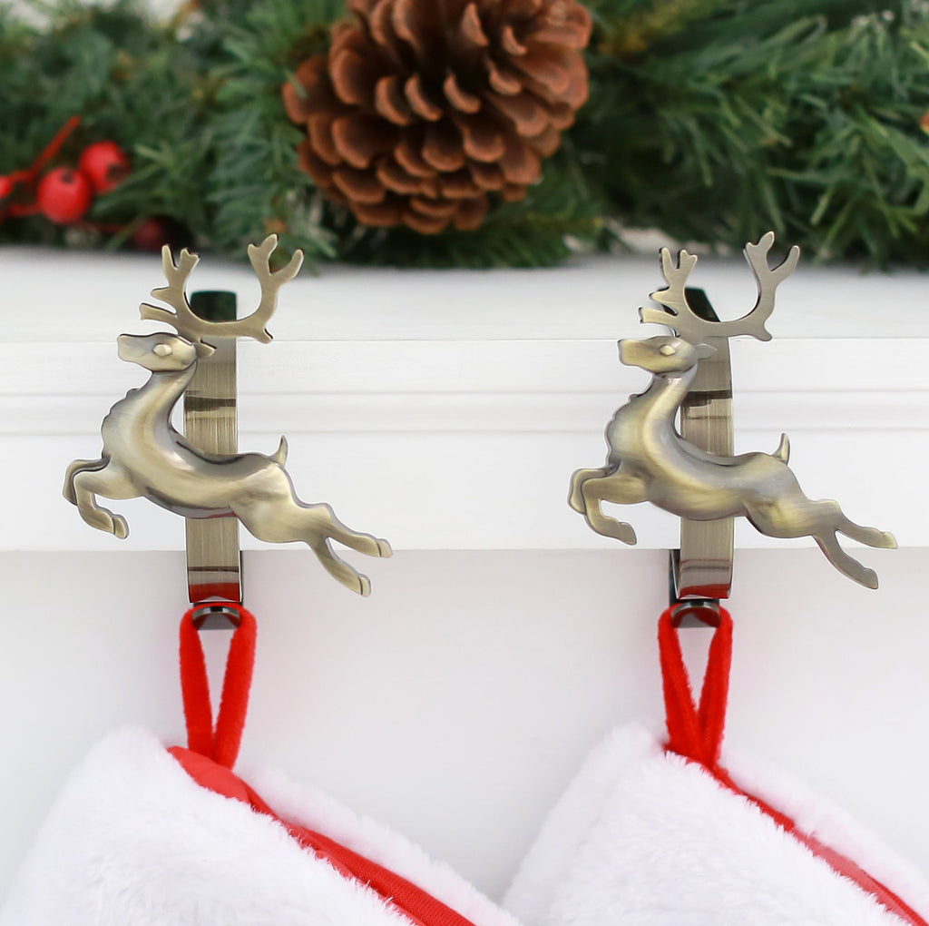 Stocking Holder - The Original MantleClip® Stocking Holder With Removable Metal Holiday Icons, 2 Pack - Antique Brass Reindeer