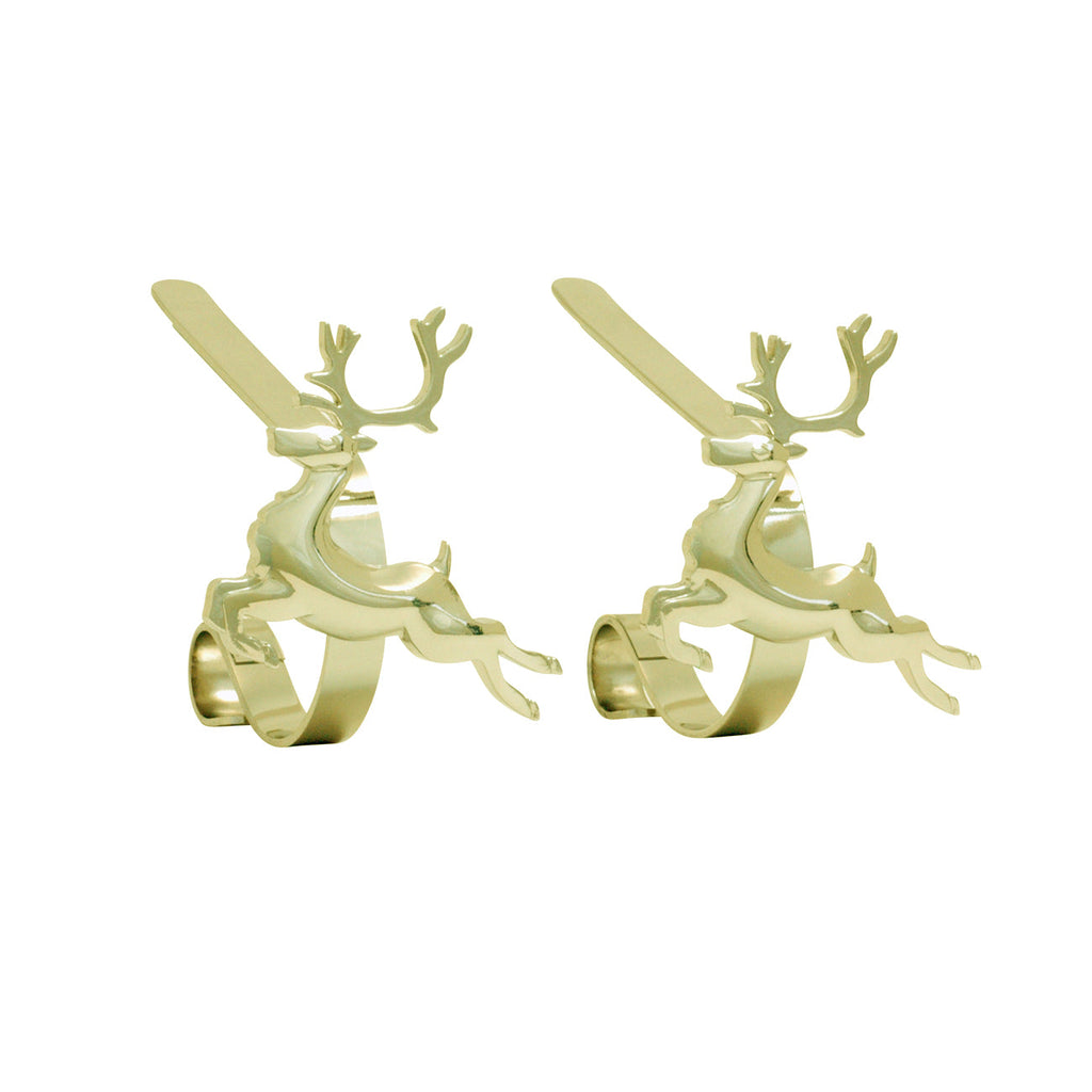 Stocking Holder - The Original MantleClip® Stocking Holder With Removable Metal Holiday Icons, 2 Pack - Gold Reindeer