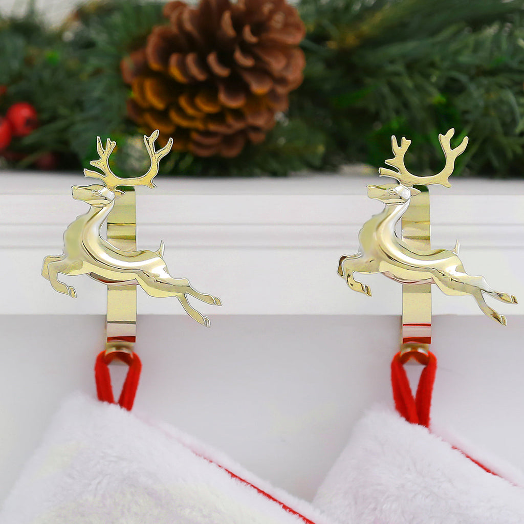 Stocking Holder - The Original MantleClip® Stocking Holder With Removable Metal Holiday Icons, 2 Pack - Gold Reindeer
