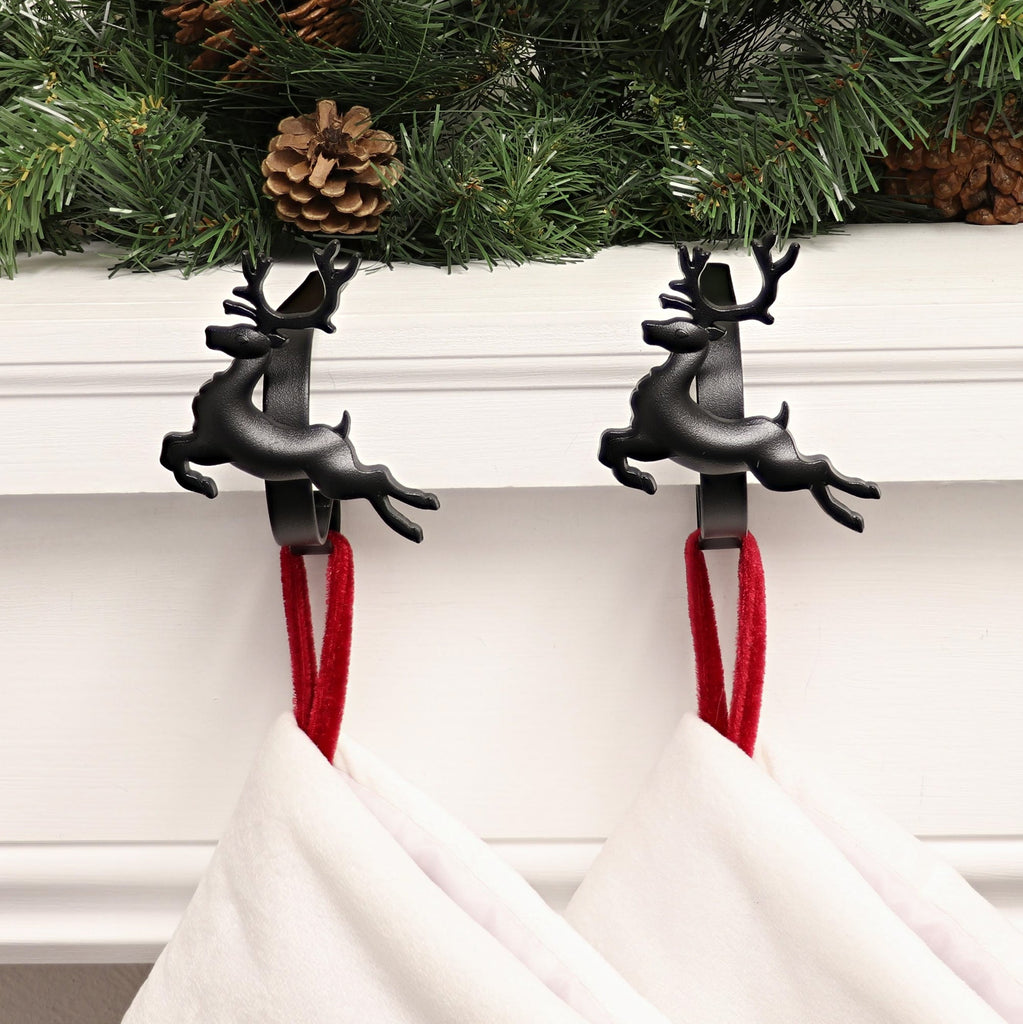 Stocking Holder - The Original MantleClip® Stocking Holder With Removable Metal Holiday Icons, 2 Pack - Matte Black Reindeer