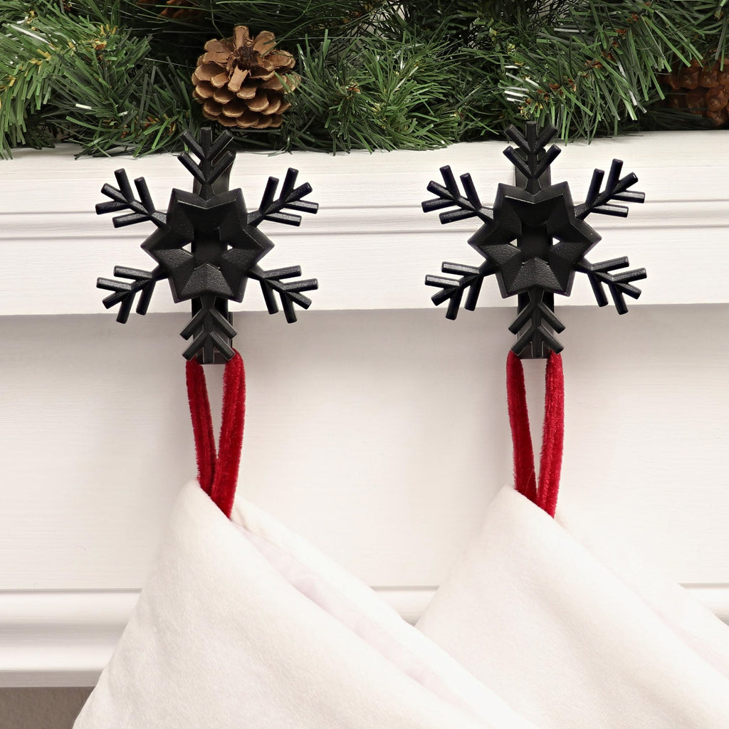 Stocking Holder - The Original MantleClip® Stocking Holder With Removable Metal Holiday Icons, 2 Pack - Matte Black Snowflake