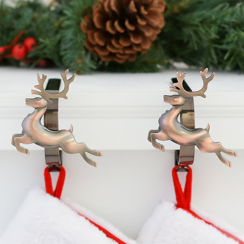 Stocking Holder - The Original MantleClip® Stocking Holder With Removable Metal Holiday Icons, 2 Pack - Oil-Rubbed Bronze Reindeer