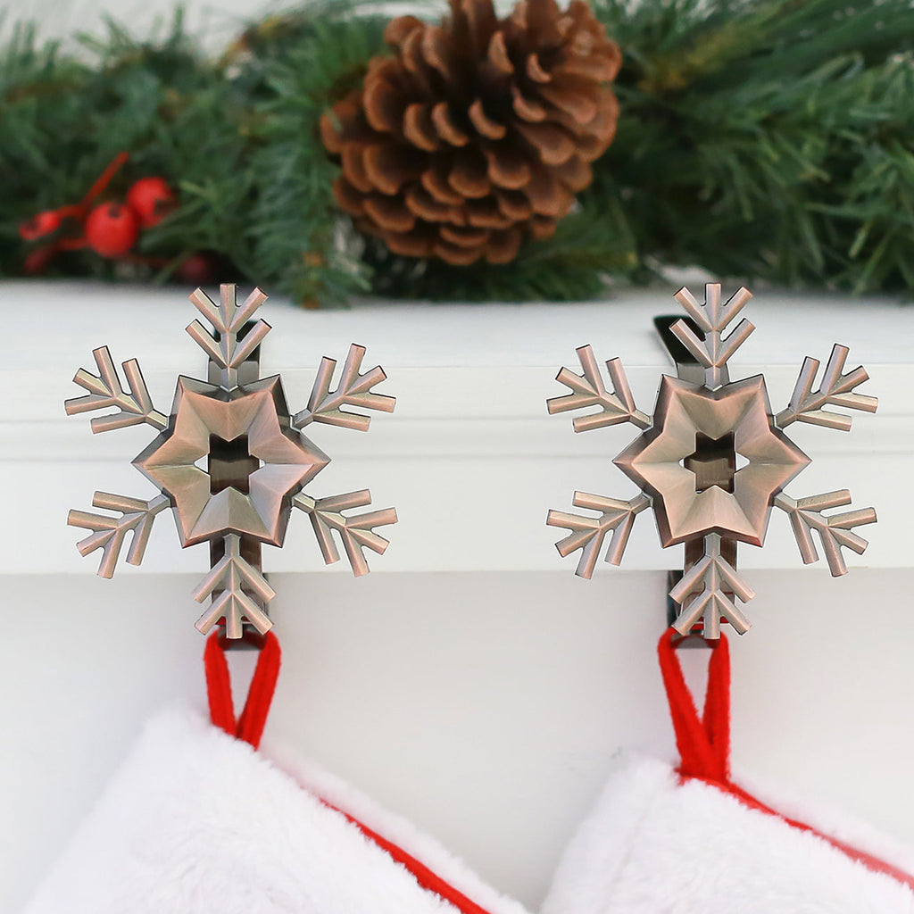 Stocking Holder - The Original MantleClip® Stocking Holder With Removable Metal Holiday Icons, 2 Pack - Oil-Rubbed Bronze Snowflake