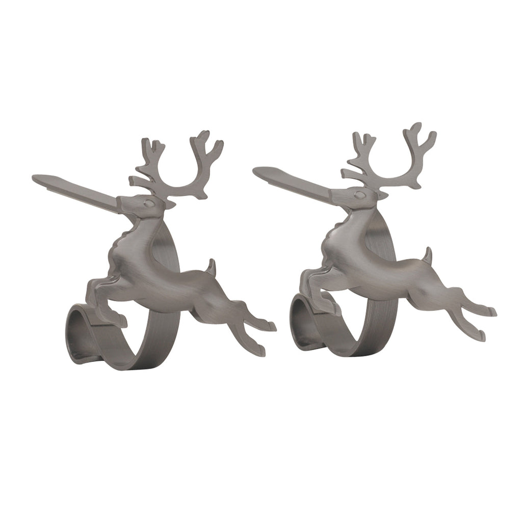 Stocking Holder - The Original MantleClip® Stocking Holder With Removable Metal Holiday Icons, 2 Pack - Pewter Reindeer