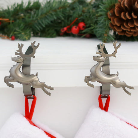 Stocking Holder - The Original MantleClip® Stocking Holder With Removable Metal Holiday Icons, 2 Pack - Pewter Reindeer