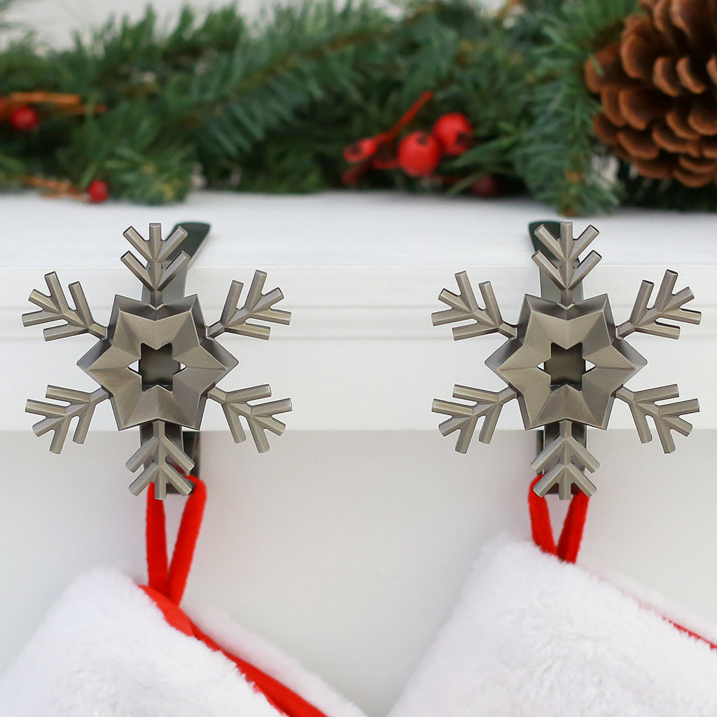 Stocking Holder - The Original MantleClip® Stocking Holder With Removable Metal Holiday Icons, 2 Pack - Pewter Snowflake