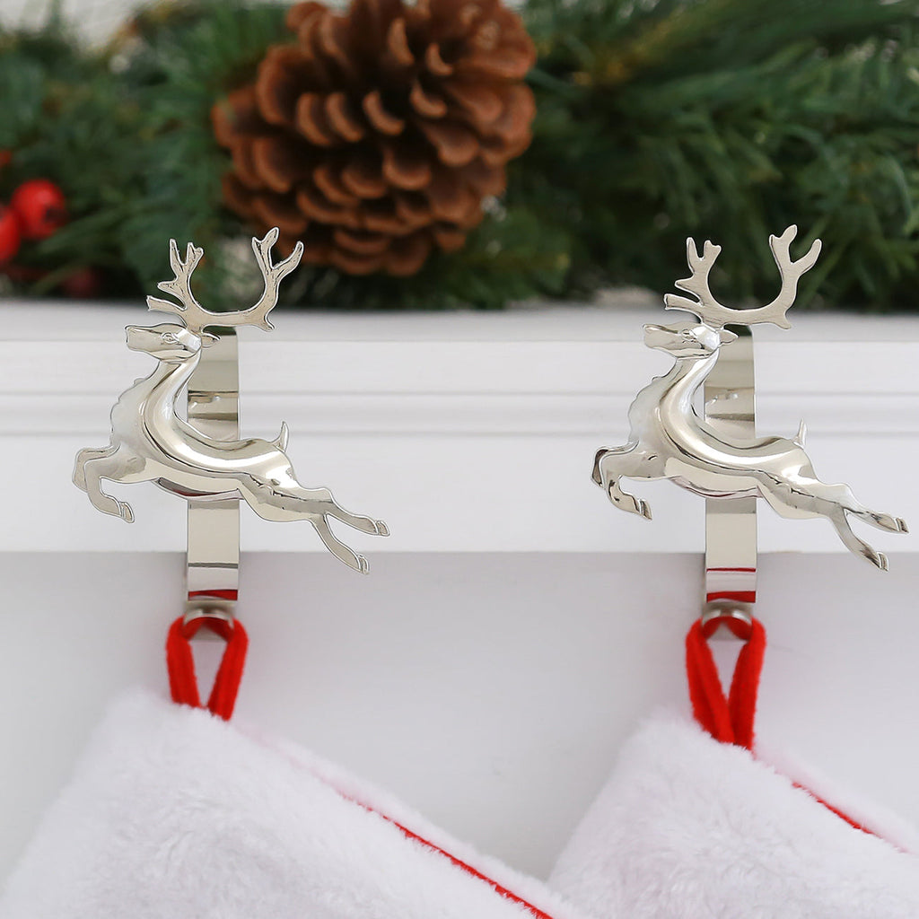 Stocking Holder - The Original MantleClip® Stocking Holder With Removable Metal Holiday Icons, 2 Pack - Silver Reindeer