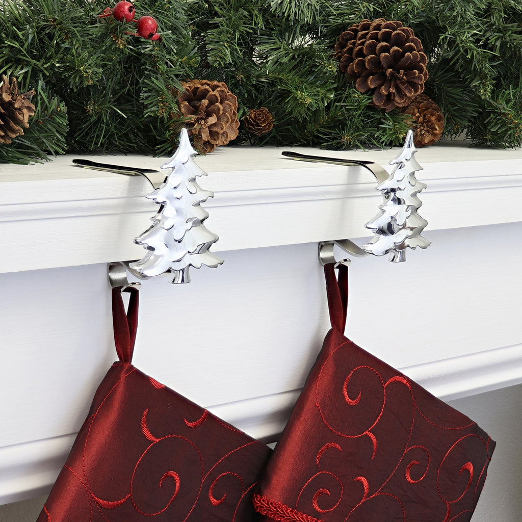 Stocking Holder - The Original MantleClip® Stocking Holder With Removable Metal Holiday Icons, 2 Pack - Silver Tree