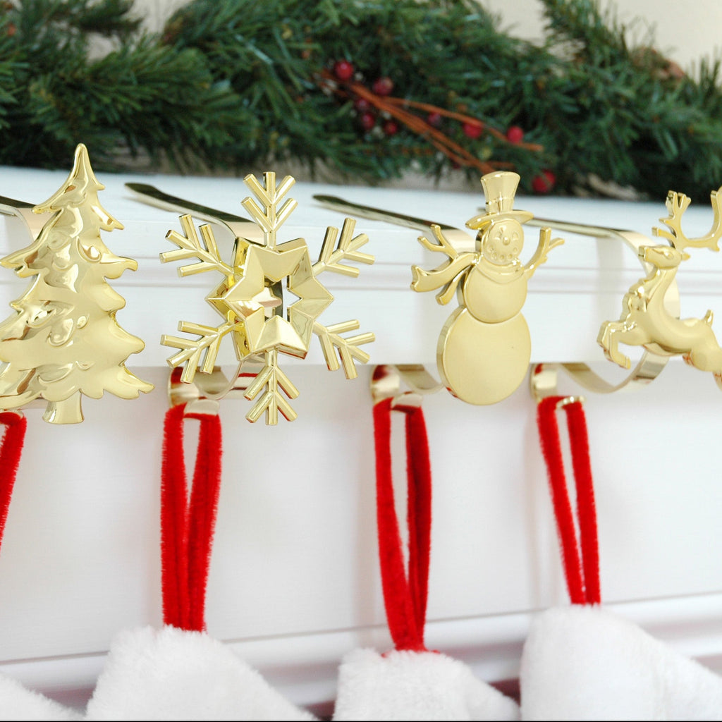 Stocking Holder - The Original MantleClip® Stocking Holder With Removable Metal Holiday Icons, 4 Pack - Assorted Gold