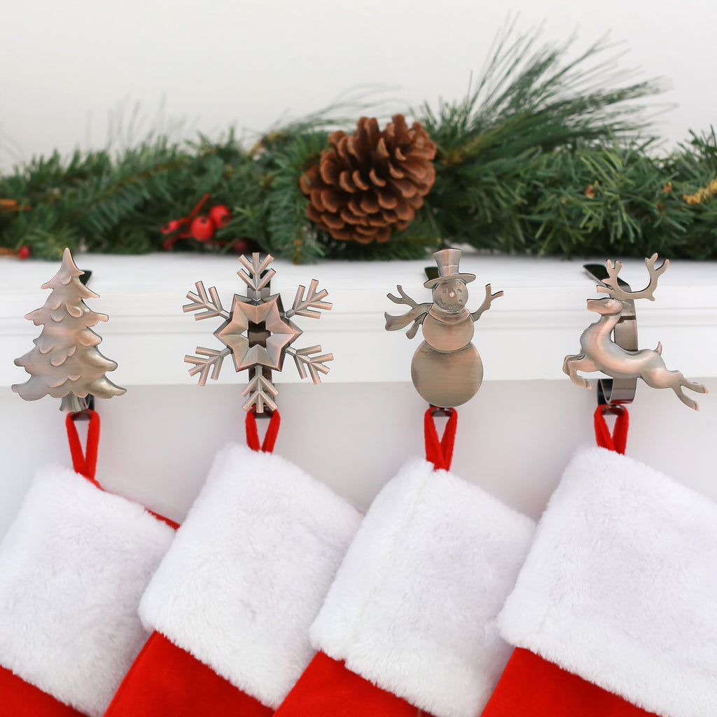 Stocking Holder - The Original MantleClip® Stocking Holder With Removable Metal Holiday Icons, 4 Pack - Assorted Oil-Rubbed Bronze