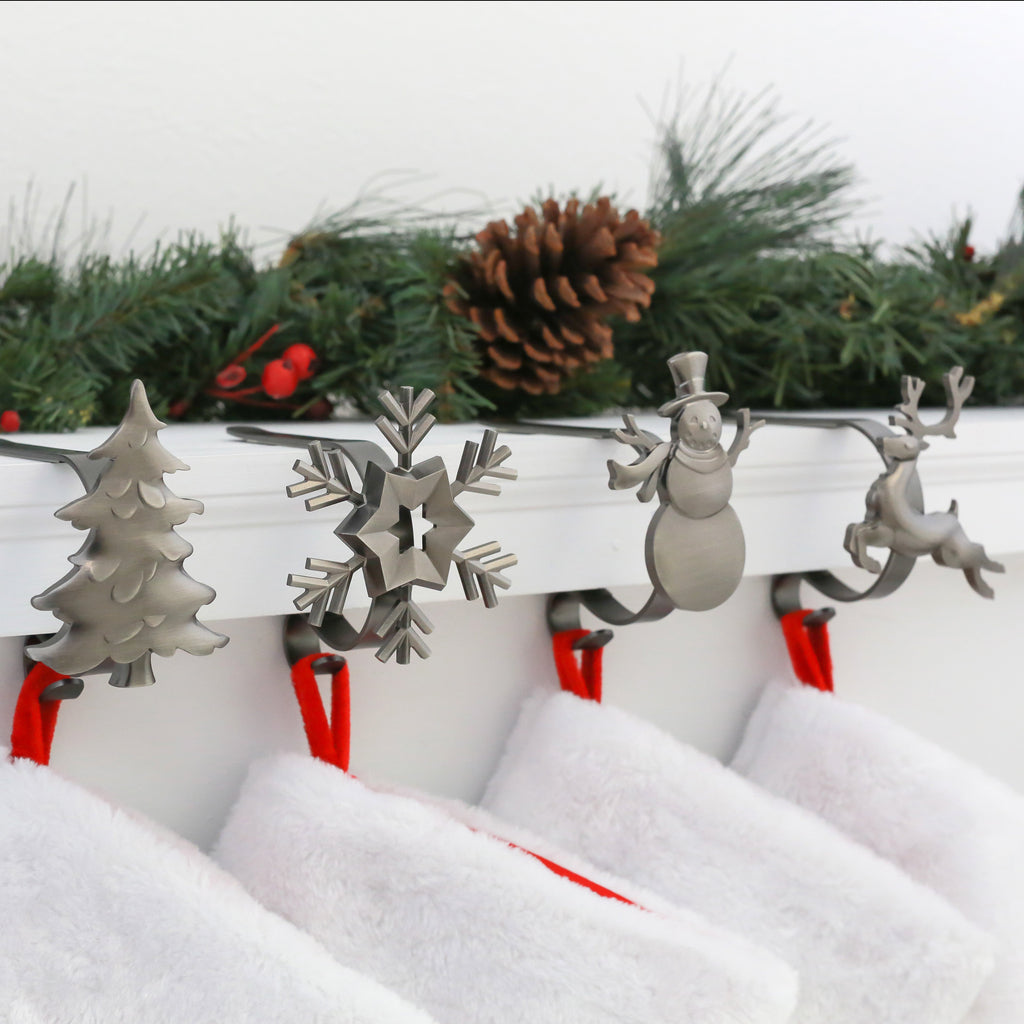 Stocking Holder - The Original MantleClip® Stocking Holder With Removable Metal Holiday Icons, 4 Pack - Assorted Pewter